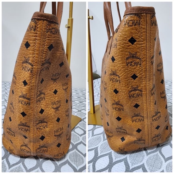 Authentic MCM Visetos Striped Shopper Tote Bag Cognac - Picture 12 of 14